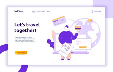 Büyük modern adam online bilet satın alma ile Vektör seyahat illüstrasyon