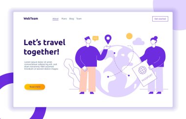 Büyük modern insanlar, erkek ve kadın dünya çapında seyahat ile Vektör seyahat illüstrasyon.