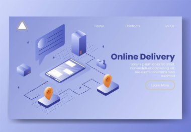 Dijital izometrik tasarım kavramı online teslimat app 3d simgeler kümesi. İzometrik İş Finans sembolleri-kullanıcı profili, paket kutuları, coğrafi etiketleri, başparmak yukarıya sayfa afiş web online kavramı açılış
