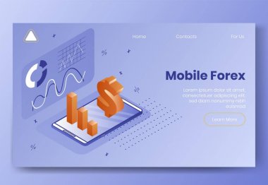 Mobil forex uygulaması 3d simgelerin dijital isometrik tasarım konsept sahnesi. Izometrik iş finans sembolleri-infographics, grafikler, dolar simgesi, para, açılış sayfası afiş web online kavram diyagramları