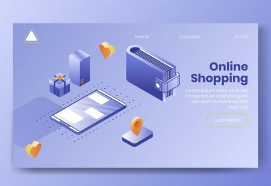 Digital isometric design concept set of online shopping app 3d icons.Isometric business finance symbols-mobile phone,wallet,package boxes,geo tag,heart icons on landing page banner web online concept clipart