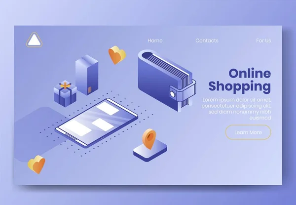 Digitale isometrische ontwerp concept set van online shopping app 3d icons.Isometrische business finance symbolen-mobiele telefoon, portemonnee, pakketdozen, geo-tag, hart pictogrammen op de landingspagina banner web online concept — Stockvector