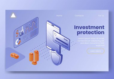 Dijital izometrik tasarım konsepti set-invest koruması 3d simgeleri. Isometric business finanse simgeleri - kredi kartı, grafik, diyagram, nakit paralar, iniş sayfası internet konseptinde güvenlik kalkanı.