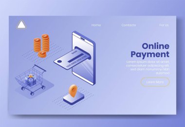 Çevrimiçi ödeme uygulaması 3d simgelerinin dijital izometrik tasarım seti. Isometric finanse iş simgeleri, cep telefonu, kredi kartı, alışveriş arabası, hediye kutusu, iniş sayfası internet konseptindeki jeotag.