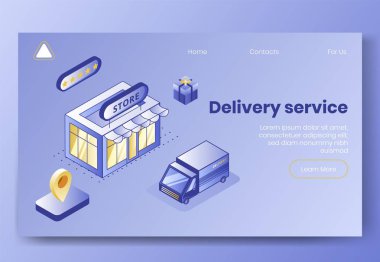 3d dağıtım uygulaması ikonlarının dijital izometrik tasarım seti. Isometric business finanse sembolleri mağazası, kamyon arabası, paket kutuları, coğrafi etiketler, iniş sayfası internet konseptinde beş yıldız.