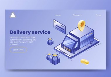 3d dağıtım uygulaması ikonlarının dijital izometrik tasarım seti. Isometric business finanse sembolleri-kamyon, banka kartı, paket kutuları, iniş sayfası internet konseptinde coğrafi etiket.