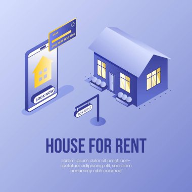 Çevrimiçi ev kirası uygulaması 3d simgelerinin dijital izometrik tasarım sahnesi. Isometric Business finansı sembolleri-banka kartı, ev, cep telefonu, iniş sayfası internet konseptinde kira tabelası.