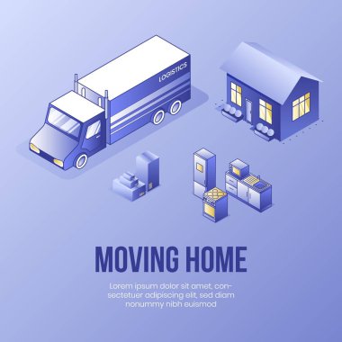 Dijital izometrik tasarım sahnesi. 3d simgelerinin taşınmasına yardımcı oluyor. Isometric sosyal iş illüstrasyon evi, mutfak mobilyası, kamyon, iniş sayfası internet konseptinde paket kutuları.