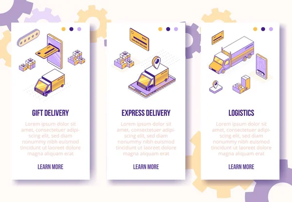 Digital isometric design concept set of online delivery logistics mobile app screen vertical banners Isometric social business icons-mobile phone, car, truck, boxes, bank card, web online concept — Vettoriale Stock