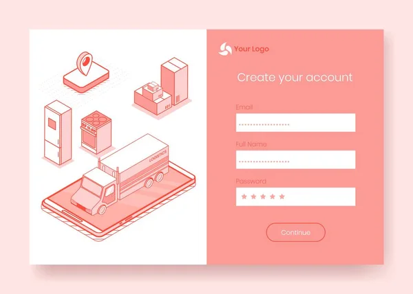 Dijital izometrik tasarım konsepti ulaşım hizmeti online uygulama 3d simgeler seti, oturum açmaya hazır, hesap oluşturmak, kayıt online form. İş finans sembolleri, web sayfası online kavram — Stok Vektör