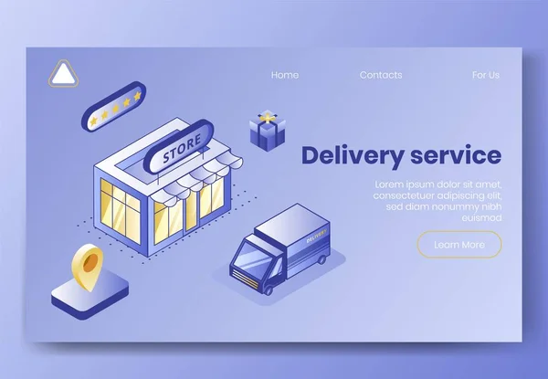 配送サービスアプリの3Dアイコンのデジタル等角デザインのコンセプトセット。等角ビジネスファイナンスシンボルストア、トラックカー、パッケージボックス、ジオタグ、ランディングページバナーの5つ星ウェブオンラインコンセプト ストックイラスト