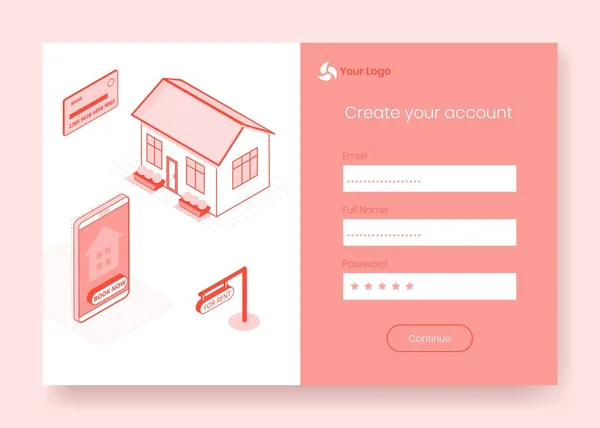 Digitaal ontwerp isometrische concept scène van online huis huren service app 3d pictogrammen, klaar om in te loggen, aan te maken account, registratie online formulier.Business Isometrics financiën symbolen, web online concept Stockillustratie