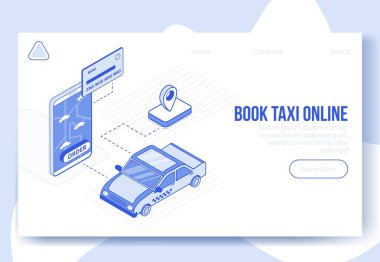 Çevrimiçi taksi servisi uygulaması 3d simgelerinin dijital izometrik tasarım seti. Isometric business finansı sembolleri-banka kartı, taksi arabası, cep telefonu, iniş sayfası internet konseptinde coğrafi etiket.