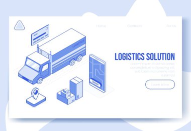 Lojistik çözüm uygulaması 3d simgelerinin dijital izometrik tasarım seti. Isometric business finansı sembolleri-banka kartı, paket kutuları, kamyonet, cep telefonu iniş sayfası internet konseptinde.
