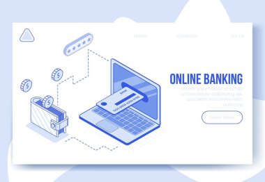 Finansal mobil bankacılık uygulaması 3d simgelerinin dijital izometrik tasarım sahnesi. Isometric Business finansı sembolleri-banka kartı, dizüstü bilgisayar, cüzdan, iniş sayfası internet konseptinde dolar paraları.