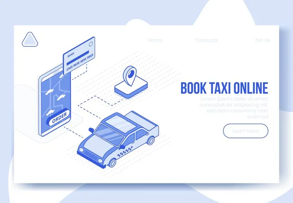 Digital isometric design concept set of online taxi booking service app 3d icons.Isometric business finance symbols-bank card,taxi car,mobile phone,geo tag on landing page banner web online concept — Stock Vector