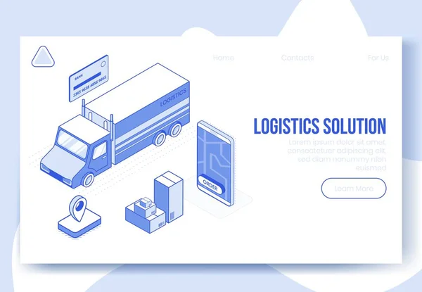 Konsep desain digital isometrik set aplikasi layanan solusi logistik 3d icons.Isometric bisnis keuangan simbol-bank kartu, kotak paket, truk, ponsel pada halaman pendaratan banner konsep daring - Stok Vektor