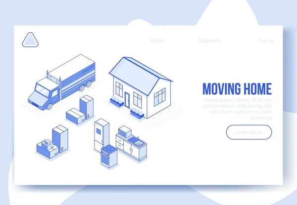 Digital isometric design concept scene of moving home helping app 3d icons.Isometric social business illustration-house,kitchen furniture,truck,package boxes on landing page banner web online concept — Stock Vector