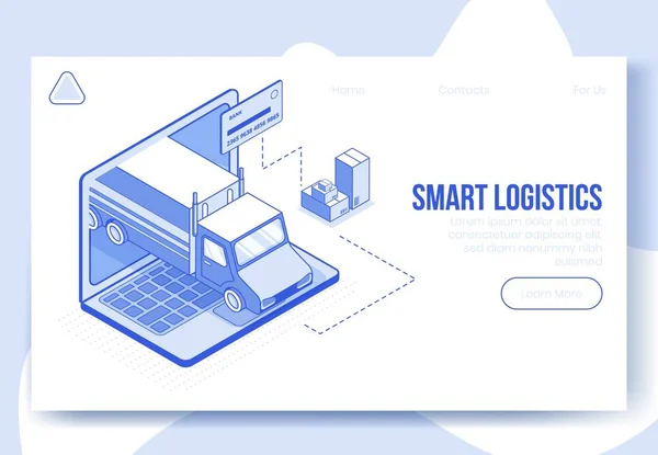 Conjunto de concepto de diseño isométrico digital de la aplicación de entrega logística inteligente icons.Isomtric 3d negocio finanzas símbolos-tarjeta bancaria, cajas de paquetes, camión de automóviles, portátil en la página de destino banner web concepto en línea — Vector de stock