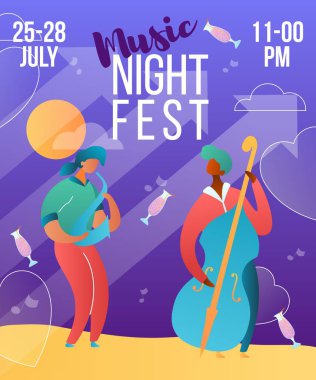Gradyan çizgi film düz karakterler, müzik grubu saksafon ve kontrbas çalarlar-tatil yaz müzik gece fest, açık hava, parti afiş afiş el ilanı kavramı. Müzisyenler enstrümanlarla müzik çalarlar