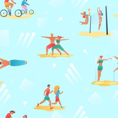 Gradyan çizgi film düz karakterler yaz spor etkinliği, satış afiş afiş afiş, web online konsept tasarım elemanları sahneleri, sağlıklı yaşam tarzı tasarımı, sorunsuz desen-Bisiklet, çalışan, yoga, calisthenics