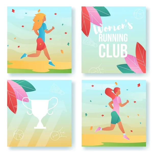 Gradient cartoon flat characters doing summer sport activity,women running club banner flyer poster,web online concept,healthy lifestyle design cards set.Flat cartoon girl running,sporting,training — Stock Vector