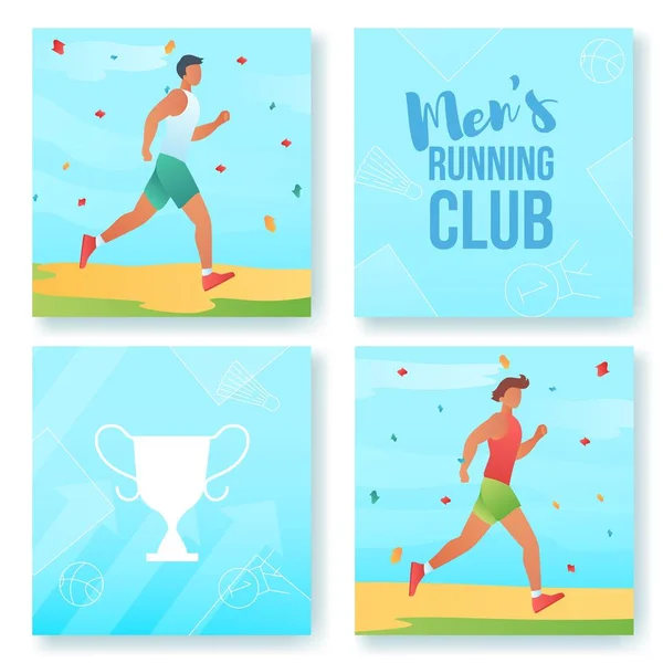 Gradient cartoon flat characters doing summer sport activity,men running club banner flyer poster,web online concept,healthy lifestyle design cards set.Flat cartoon man running,sporting,training — Stock Vector