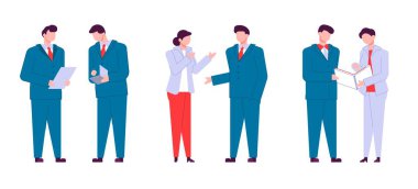 Modern karikatür düz insanlar konuşan karakterler, renkli kontur tarzı. Konuşma renkli karakter insanlar. İş adamları.