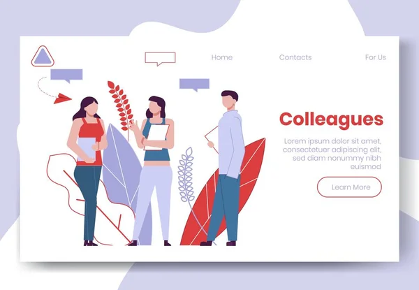 Moderní kreslený plochý lid mluví s barevným stylem obrysu. Barevný charakter osob v konverzaci. Kolegové na webové stránce s hlavičkou cílové stránky, připraveni použít návrh — Stockový vektor
