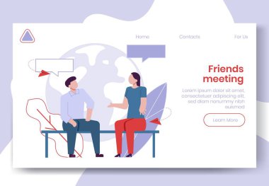 Modern karikatür düz insanlar konuşan karakterler, renkli kontur tarzı. Konuşma renkli karakter insanlar. Açılış sayfası Banner Web Online kavramı dostu konuşma, tasarım kullanıma hazır