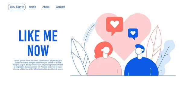 時間のように ソーシャルネットワークの生活 デジタル通信だ 正のフォロワー 購読者からのフィードバック 恋に落ちる男の女 オンラインデート コメントの概念に従ってください バレンタインデー ランディングページデザイン — ストックベクタ