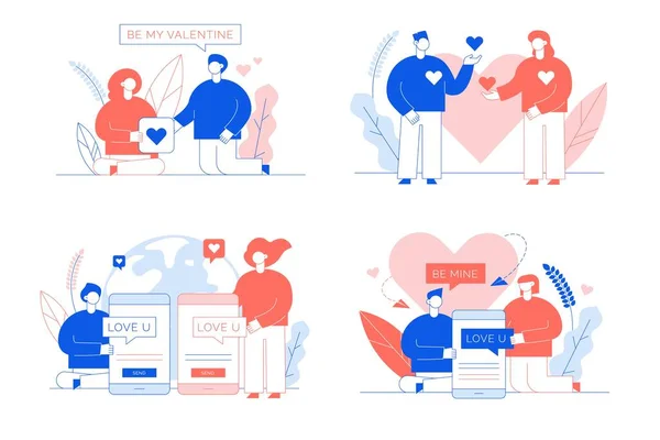 Kjærlighetserklæring Sosiale Medier Nettverkskort Sett Romantisk Følelse Positiv Følelsesdeling Ungt – stockvektor