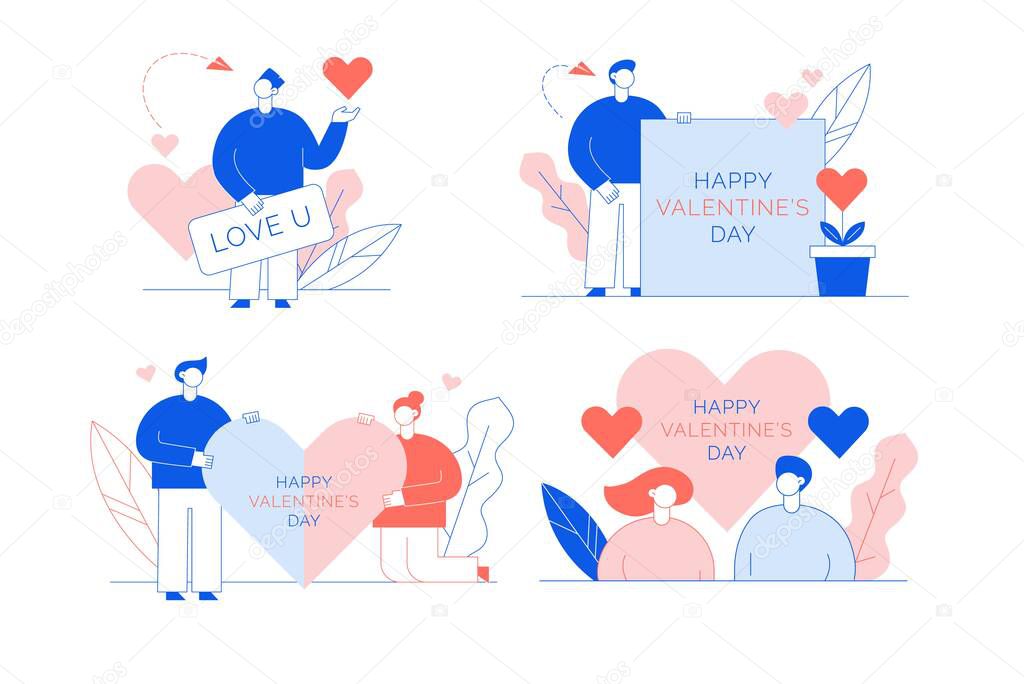 Happy valentine day love declaration card set. Romantic mobile chat, emailing. Relation creation, share positive emotion, greeting, warm feeling showing. Man woman hold heart, invitation placard, mail