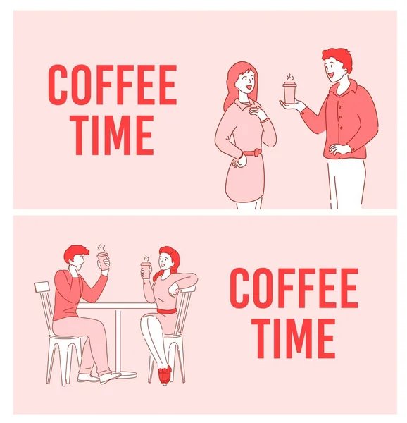 Coffee Time Short Break Communication Poster Set Man Woman Character — Stock Vector