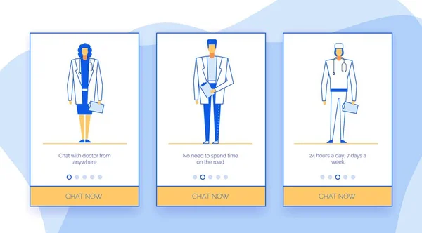 网上医生聊天手机应用程序集 女专家 执业治疗师 信使的外科医生咨询 24小时提供医疗支助 远程医疗 — 图库矢量图片