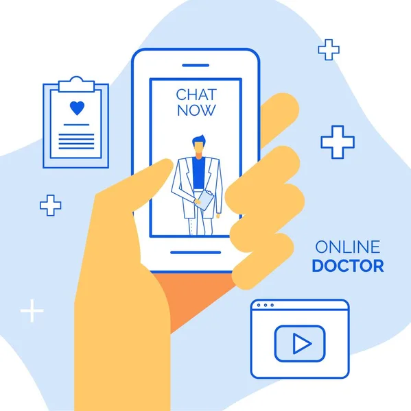 遠隔相談 緊急支援 患者サポートのためのオンライン医師のモバイルアプリケーション 24時間体制の医療サービス 人間の手はスマートフォンを持ちます 薬のチャットを画面で開きます デジタルクリニック — ストックベクタ