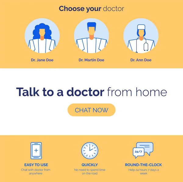オンライン医療サービスの利点 遠隔医師の相談 開業医 使いやすいチャットアプリケーションを選択し すぐに24時間アドバタイジングプレゼンテーション テレメディシンだ 広告ページ — ストックベクタ