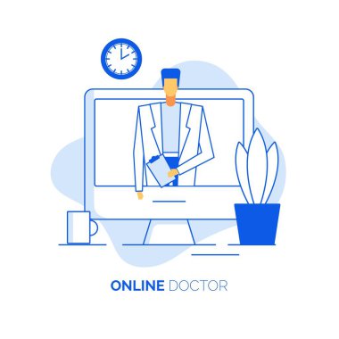 Teletıp, sağlık sigortası. Uzaktan muayene, teşhis, tedavi, ilaç reçetesi. Pratisyen doktor üniformalı kardiyolog çevrimiçi sağlık danışmanlığı yapıyor.