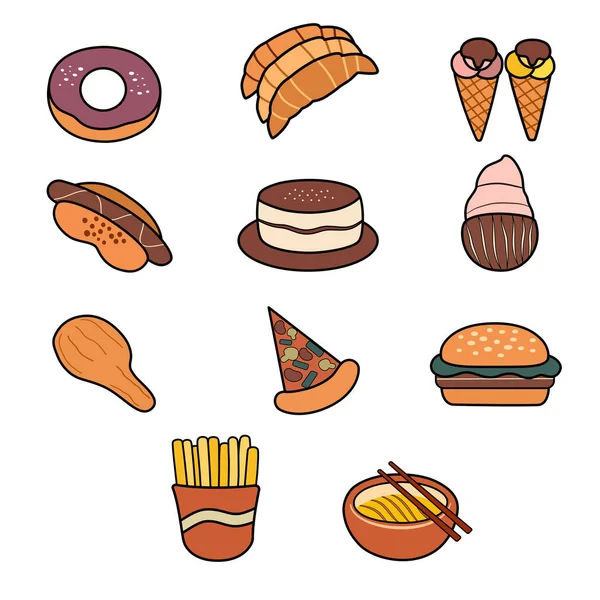Cartoon food and dessert on white background. Vector illustration in flat cartoon design.