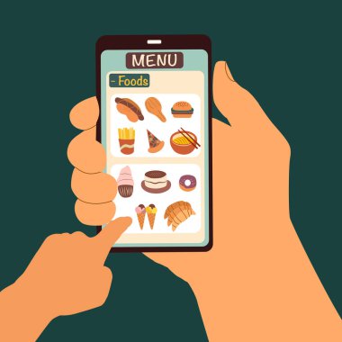 Kavram düzeni devrede. Coronavirus salgını sırasında internetten yemek siparişi verin. Yeni normal, karantina, fiziksel uzaklık, online izleyin. Düz çizgi film tasarımında vektör illüstrasyonu.