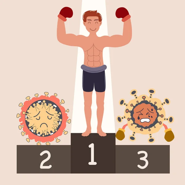 Homme Combattant Avec Coronavirus Covidé Homme Prix Sur Podium Après — Image vectorielle