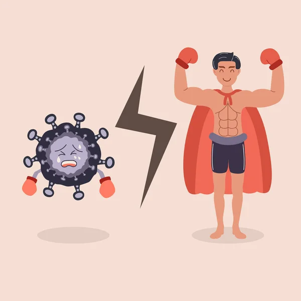 Super Héros Combattant Avec Coronavirus Covide Gagne Après Être Battu — Image vectorielle