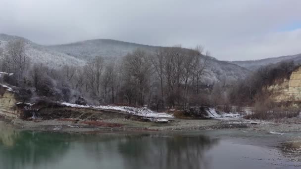 Russia Western Caucasus Flight Quadrocopter Gloomy Winter Morning Belaya River — Stock Video