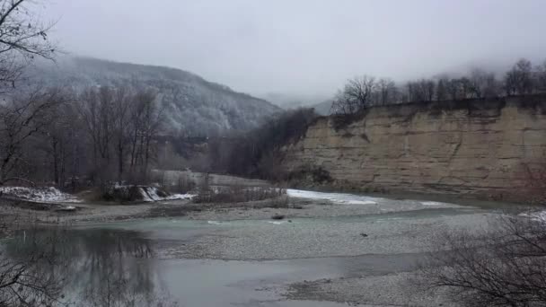 Russia Western Caucasus Flight Quadrocopter Gloomy Winter Morning Belaya River — Stock Video