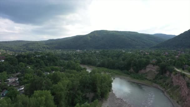 Western Caucasus Belaya River Village Kamennomostky Shot Quadcopter Evening — Stock Video