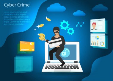 Bilgisayar korsanları kredi kartı, finansal bilgiler ve altın sikkeler çalıyor. Dijital çevrimiçi siber suç, hackleme, dolandırıcılık, kötü amaçlı yazılım ve finansal güvenlik kavramı.