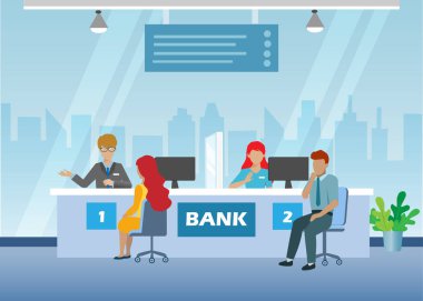 Kadın ve erkek müşteriler banka memurlarıyla konuşuyor. Kredi, depozito ve banka kasasında finansal yatırım fikri. Vektör.