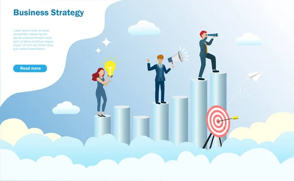ビジネス目標 ビジョン 戦略の概念ビジネスチームは 戦略的ソリューションと成長財政利益の成功した目標方向を検索する両眼で曇り空のグラフに立っています — ストックベクタ