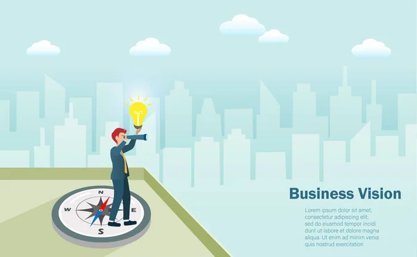 ビジネス目標 ビジョン 戦略コンセプト 両眼と電球で建物の上にコンパスに立って成功した戦略的方向を探しているビジネスマン — ストックベクタ