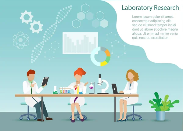 Laboratuvardaki Bilim Adamı Kadın Kimya Laboratuarı Deneyi Yapıyorlar Araştırma Geliştirme — Stok Vektör